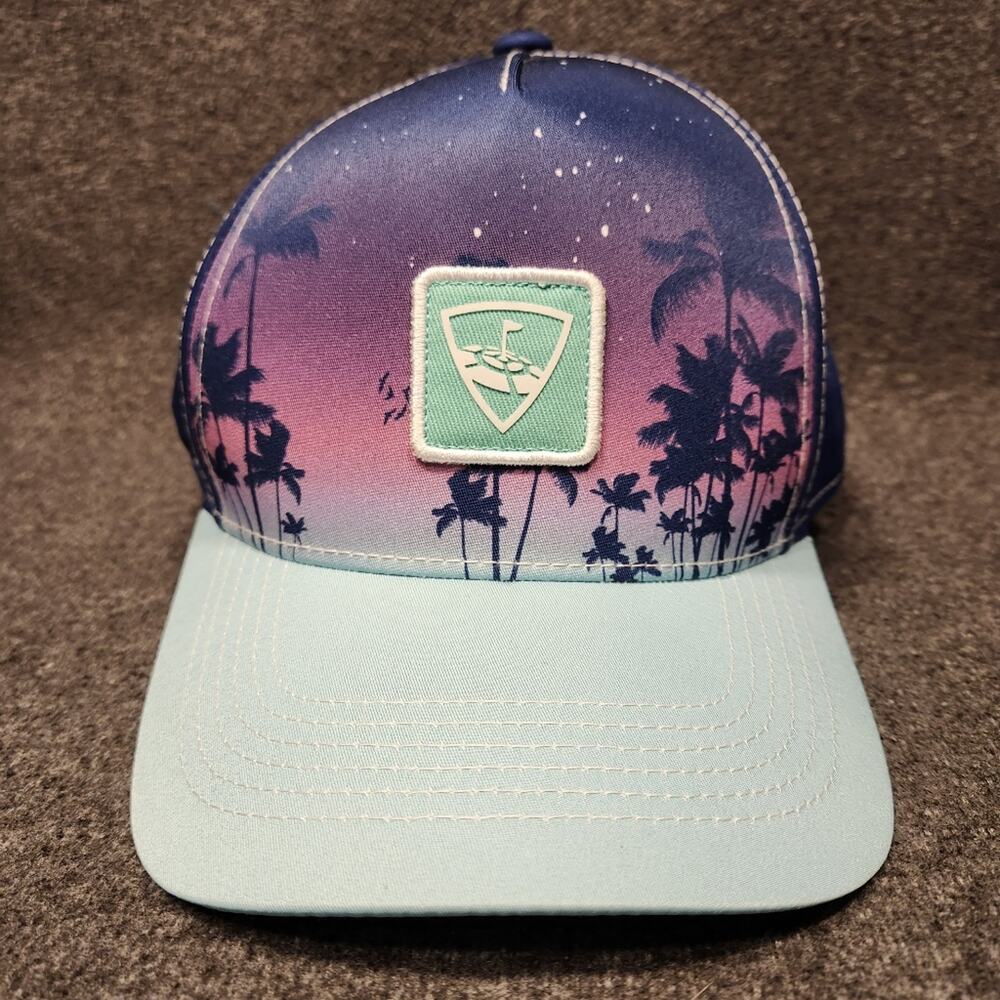 TOPGOLF Purple Palm Trees Sunset Aqua Purple Pink Satiny Baseball Cap Hat OS